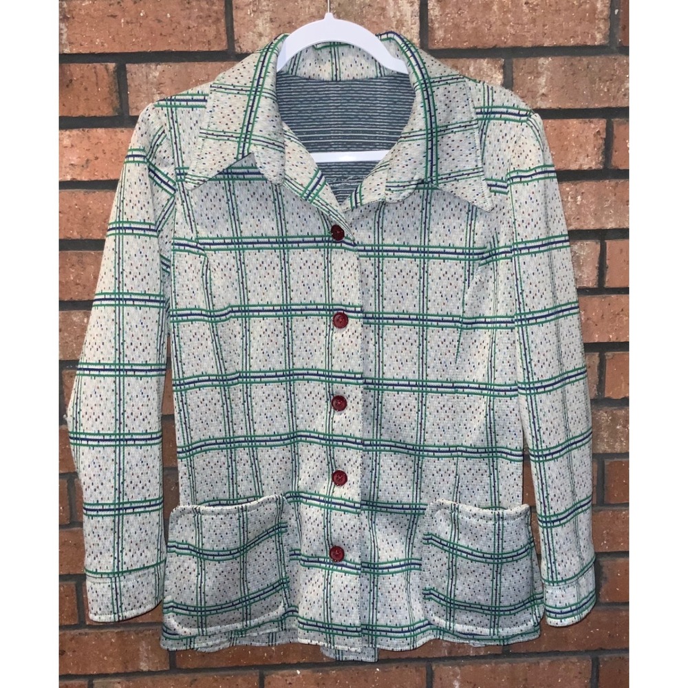 Vintage 70s Knit Blazer Jacket Plaid Grid Pattern Button Front Green Blue White